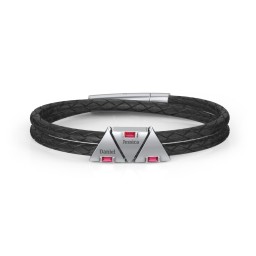 Men’s Leather Sterling Silver 3 Engravable Gemstone Triangle Bracelet in 925 Sterling Silver with Ruby and Blue Topaz