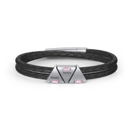Men’s Leather Sterling Silver 3 Engravable Gemstone Triangle Bracelet in 925 Sterling Silver with Pink Tourmaline and Blue Topaz