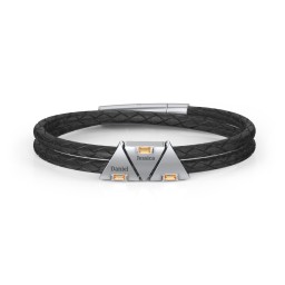 Men’s Leather Sterling Silver 3 Engravable Gemstone Triangle Bracelet in 925 Sterling Silver with Citrine and Blue Topaz