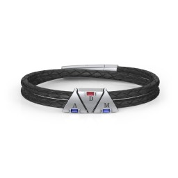Men’s Leather Sterling Silver 3 Engravable Gemstone Triangle Bracelet in 925 Sterling Silver with Blue Sapphire, Garnet, and Blue Topaz