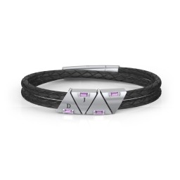 Men’s Leather Sterling Silver 4 Engravable Gemstone Triangle Bracelet