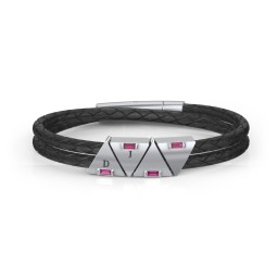 Men’s Leather Sterling Silver 4 Engravable Gemstone Triangle Bracelet