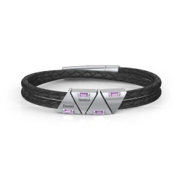 Men’s Leather Sterling Silver 4 Engravable Gemstone Triangle Bracelet in 925 Sterling Silver with Amethyst