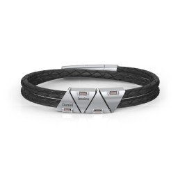 Men’s Leather Sterling Silver 4 Engravable Gemstone Triangle Bracelet in 925 Sterling Silver with Smokey Quartz