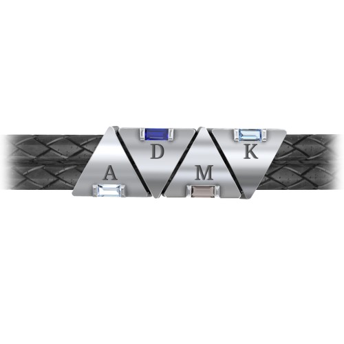 Men’s Leather Sterling Silver 4 Engravable Gemstone Triangle Bracelet – Sterling Silver with Aquamarine, Blue Sapphire, Smokey Quartz, and Blue Topaz