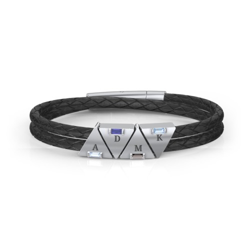 Men’s Leather Sterling Silver 4 Engravable Gemstone Triangle Bracelet – Sterling Silver with Aquamarine, Blue Sapphire, Smokey Quartz, and Blue Topaz