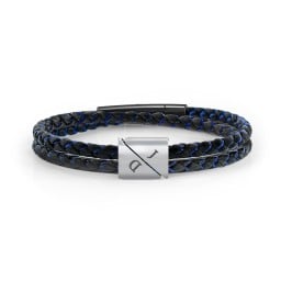 Men's Engravable Black Leather & Blue Silk Double Triangle Bracelet