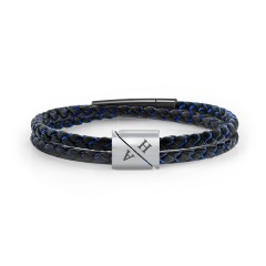 Men's Engravable Black Leather & Blue Silk Double Triangle Bracelet – Sterling Silver