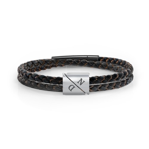 Men's Engravable Black Leather & Brown Silk Double Triangle Bracelet