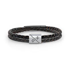 Men's Engravable Black Leather & Brown Silk Double Triangle Bracelet – Sterling Silver