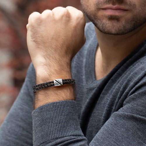 Men's Engravable Black Leather & Brown Silk Double Triangle Bracelet – Sterling Silver