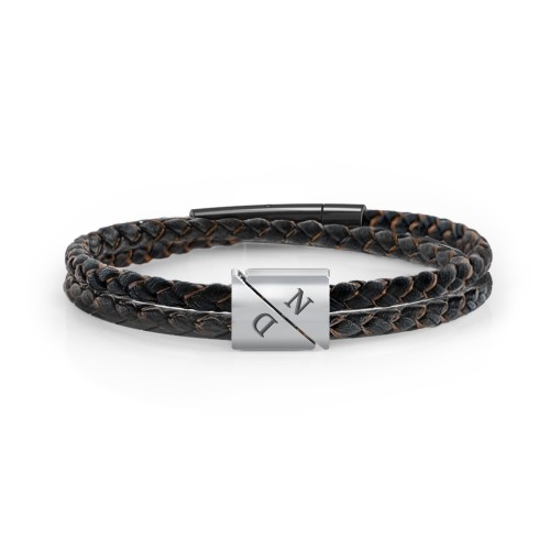 Men's Engravable Black Leather & Brown Silk Double Triangle Bracelet – Sterling Silver