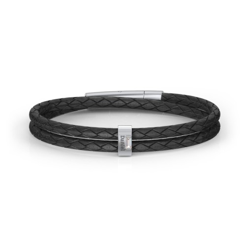 Men’s Leather Sterling Silver Vertical Bar Bracelet with Gemstones – Sterling Silver with Cubic Zirconia
