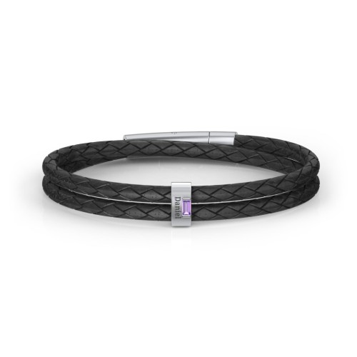 Men’s Leather Sterling Silver Vertical Bar Bracelet with Gemstones – Sterling Silver with Amethyst