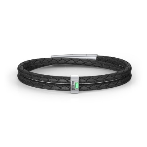 Men’s Leather Sterling Silver Vertical Bar Bracelet with Gemstones – Sterling Silver with Emerald