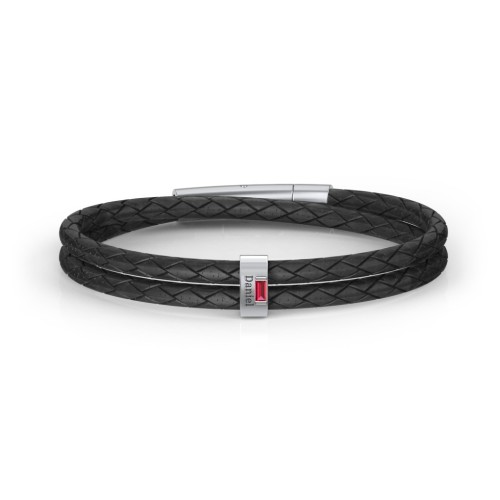 Men’s Leather Sterling Silver Vertical Bar Bracelet with Gemstones – Sterling Silver with Ruby