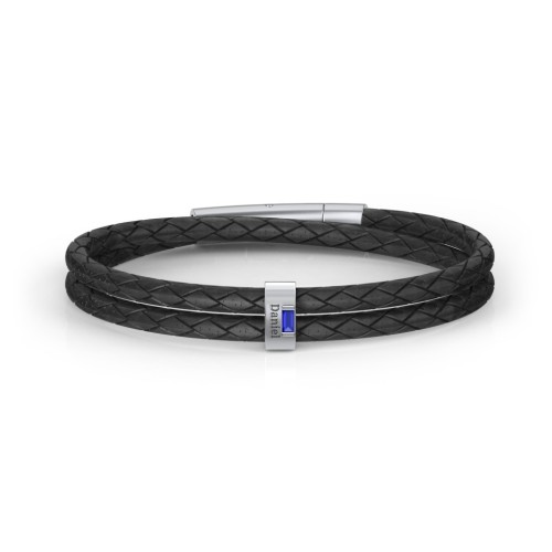Men’s Leather Sterling Silver Vertical Bar Bracelet with Gemstones – Sterling Silver with Blue Sapphire