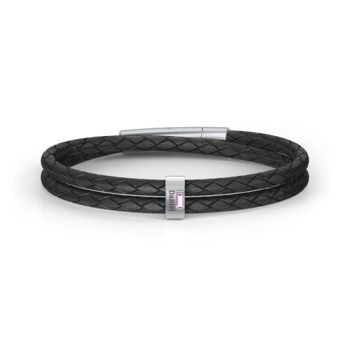 Men’s Leather Sterling Silver Vertical Bar Bracelet with Gemstones – Sterling Silver with Pink Tourmaline