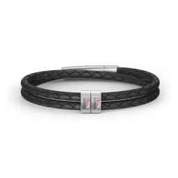 Men’s Leather Sterling Silver 2 Vertical Bar Bracelet with Gemstones