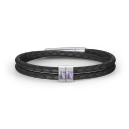 Men’s Leather Sterling Silver 2 Vertical Bar Bracelet with Gemstones