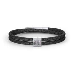 Men’s Leather Sterling Silver 2 Vertical Bar Bracelet with Gemstones