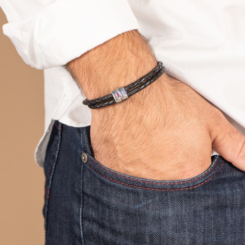 Men’s Leather Sterling Silver 2 Vertical Bar Bracelet with Gemstones