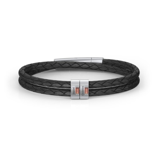 Men’s Leather Sterling Silver 2 Vertical Bar Bracelet with Gemstones