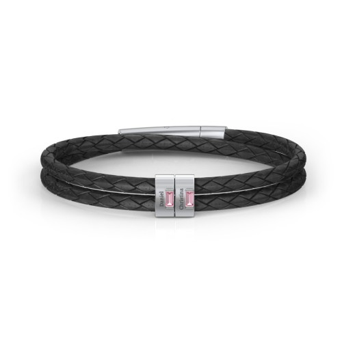 Men’s Leather Sterling Silver 2 Vertical Bar Bracelet with Gemstones – Sterling Silver with Pink Tourmaline