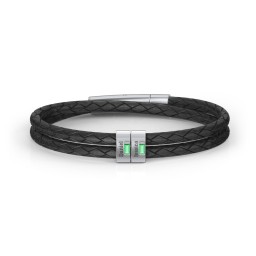 Men’s Leather Sterling Silver 2 Vertical Bar Bracelet with Gemstones in 925 Sterling Silver with Emerald, Peridot, Aquamarine, and Cubic Zirconia