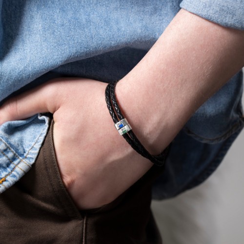 Men’s Leather Sterling Silver 2 Vertical Bar Bracelet with Gemstones – Sterling Silver with Smokey Quartz and Blue Topaz