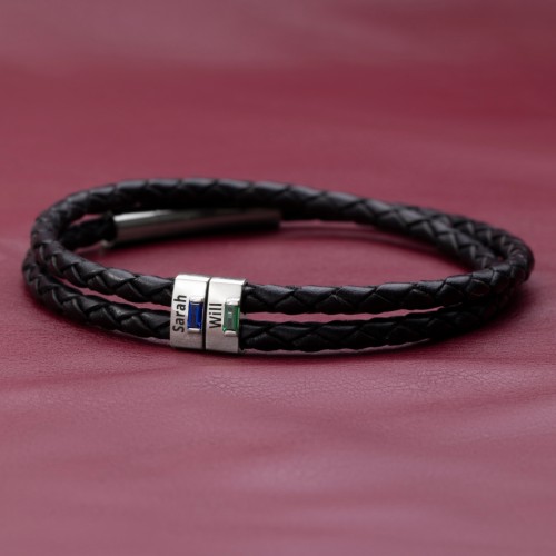 Men’s Leather Sterling Silver 2 Vertical Bar Bracelet with Gemstones – Sterling Silver with Smokey Quartz and Blue Topaz