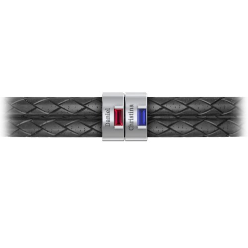 Men’s Leather Sterling Silver 2 Vertical Bar Bracelet with Gemstones – Sterling Silver with Ruby and Blue Sapphire