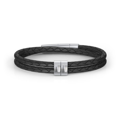 Men’s Leather Sterling Silver 2 Vertical Bar Bracelet with Gemstones – Sterling Silver with Diamond