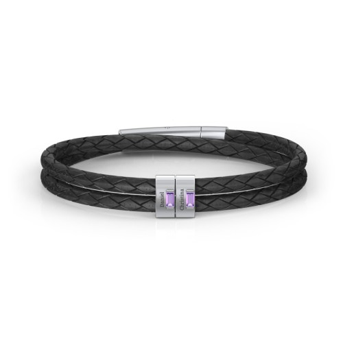 Men’s Leather Sterling Silver 2 Vertical Bar Bracelet with Gemstones – Sterling Silver with Amethyst