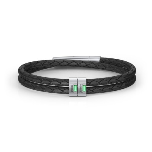 Men’s Leather Sterling Silver 2 Vertical Bar Bracelet with Gemstones – Sterling Silver with Emerald