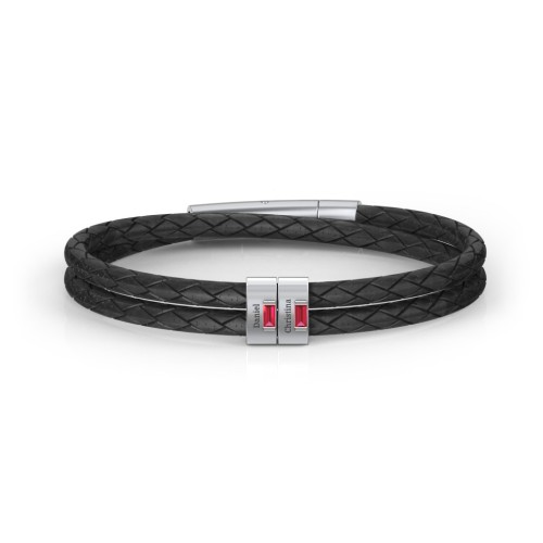 Men’s Leather Sterling Silver 2 Vertical Bar Bracelet with Gemstones – Sterling Silver with Ruby