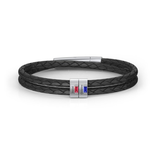 Men’s Leather Sterling Silver 2 Vertical Bar Bracelet with Gemstones – Sterling Silver with Ruby and Blue Sapphire