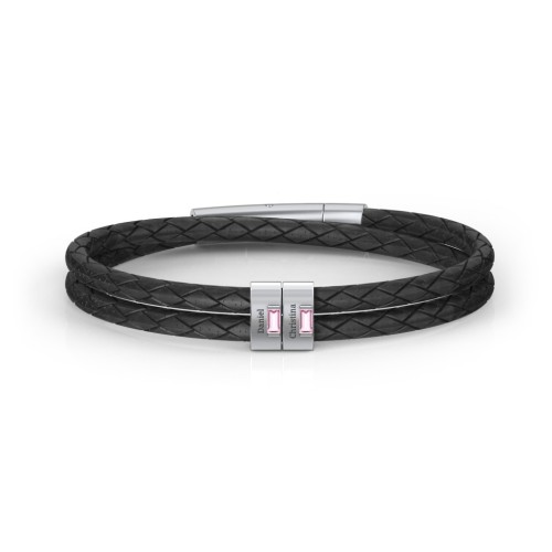 Men’s Leather Sterling Silver 2 Vertical Bar Bracelet with Gemstones – Sterling Silver with Pink Tourmaline