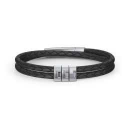 Men’s Leather Sterling Silver 3 Vertical Bar Bracelet with Gemstones