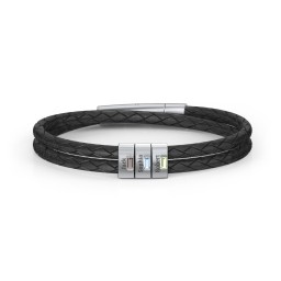 Men’s Leather Sterling Silver 3 Vertical Bar Bracelet with Gemstones in 925 Sterling Silver with Smokey Quartz, Blue Topaz, Peridot, Aquamarine, and Cubic Zirconia