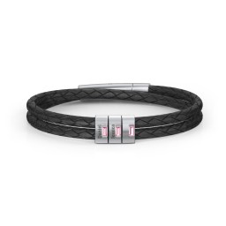 Men’s Leather Sterling Silver 3 Vertical Bar Bracelet with Gemstones in 925 Sterling Silver with Pink Tourmaline, Aquamarine, and Cubic Zirconia