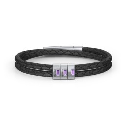 Men’s Leather Sterling Silver 3 Vertical Bar Bracelet with Gemstones in 925 Sterling Silver with Amethyst, Aquamarine, and Cubic Zirconia