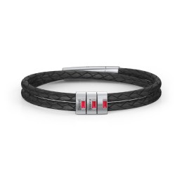Men’s Leather Sterling Silver 3 Vertical Bar Bracelet with Gemstones in 925 Sterling Silver with Ruby, Aquamarine, and Cubic Zirconia