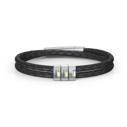 Men’s Leather Sterling Silver 3 Vertical Bar Bracelet with Gemstones in 925 Sterling Silver with Peridot, Aquamarine, and Cubic Zirconia