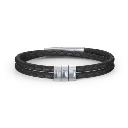 Men’s Leather Sterling Silver 3 Vertical Bar Bracelet with Gemstones in 925 Sterling Silver with Blue Topaz, Aquamarine, and Cubic Zirconia