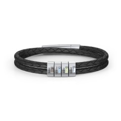 Men’s Leather Sterling Silver 4 Vertical Bar Bracelet with Gemstones