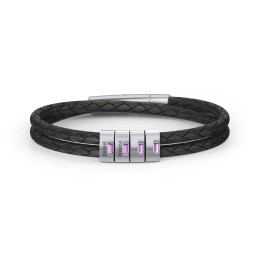 Men’s Leather Sterling Silver 4 Vertical Bar Bracelet with Gemstones in 925 Sterling Silver with Amethyst and Cubic Zirconia