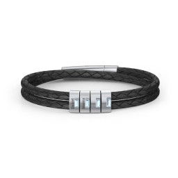 Men’s Leather Sterling Silver 4 Vertical Bar Bracelet with Gemstones in 925 Sterling Silver with Blue Topaz and Cubic Zirconia