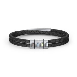 Men’s Leather Sterling Silver 4 Vertical Bar Bracelet with Gemstones in 925 Sterling Silver with Smokey Quartz, Blue Topaz, Peridot, Aquamarine, and Cubic Zirconia