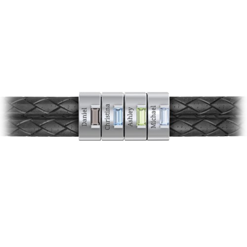 Men’s Leather Sterling Silver 4 Vertical Bar Bracelet with Gemstones – Sterling Silver with Smokey Quartz, Blue Topaz, Peridot, and Aquamarine
